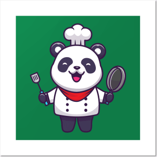 Cute Panda Chef Holding Pan And Spatula Cartoon Posters and Art